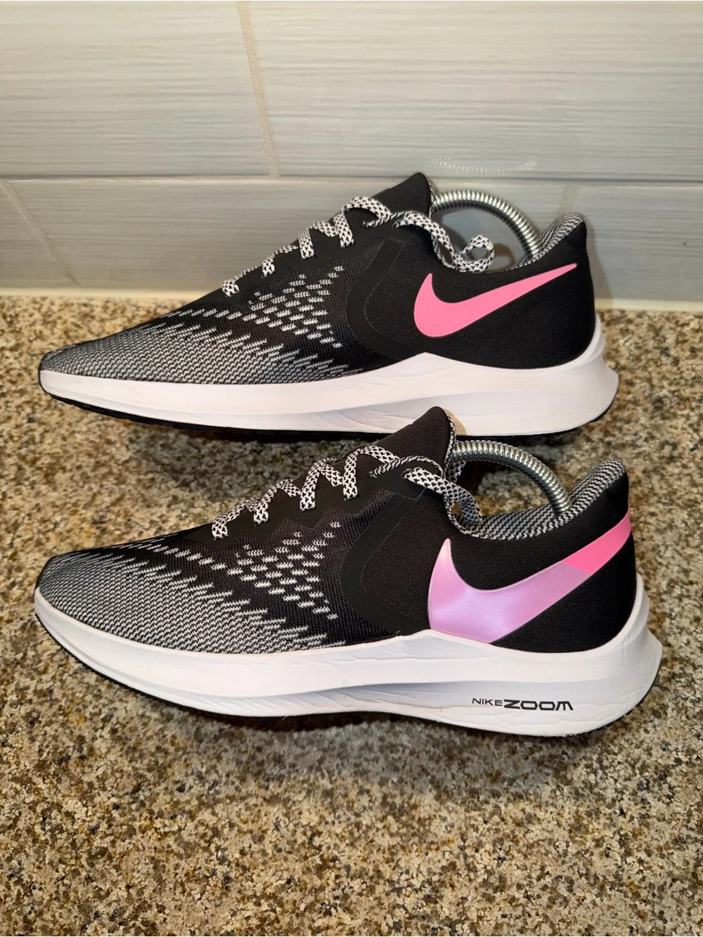 Nike Women’s Running Shoes - Black with Pink Swoosh and Gray Knit